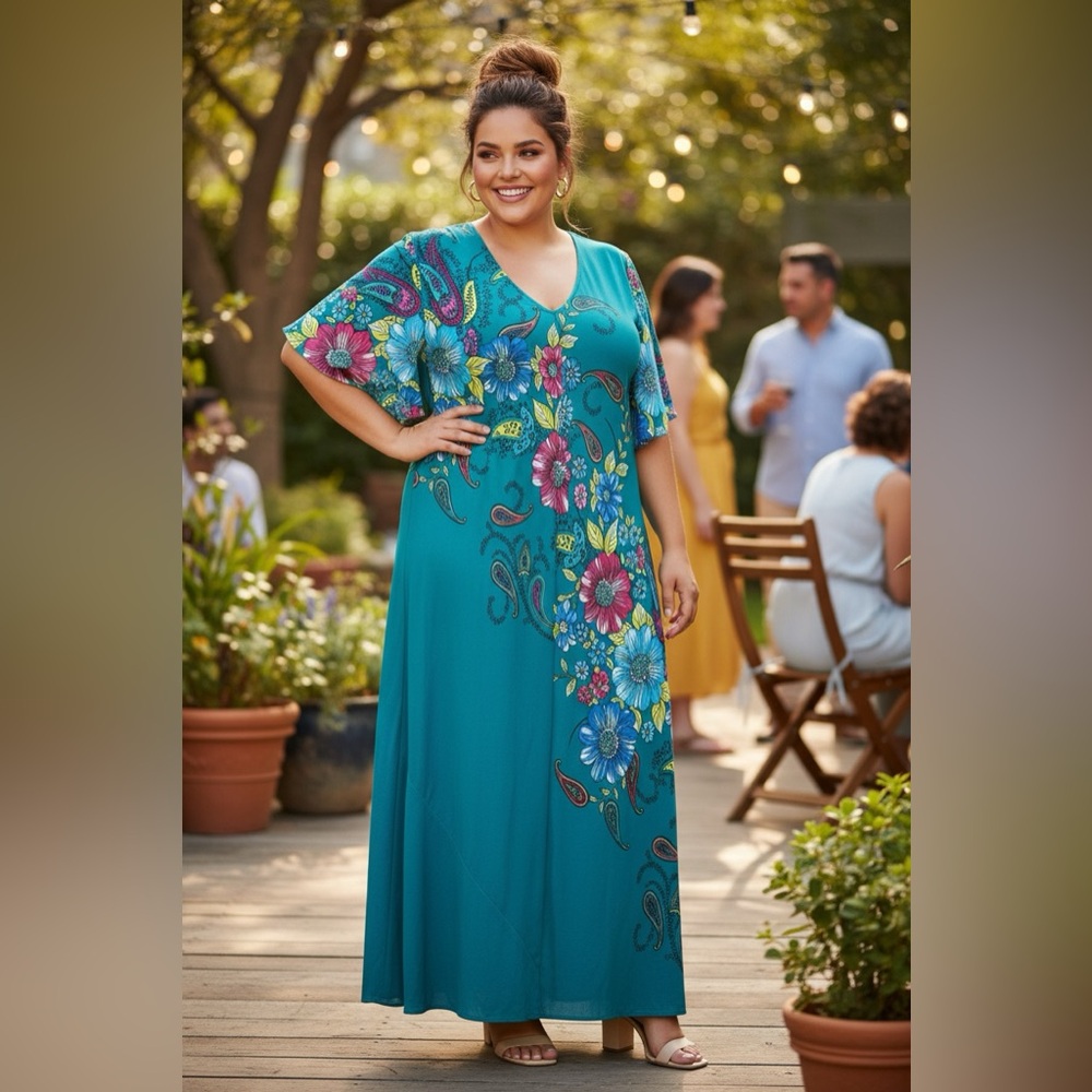 Serengeti Maxi Dress XL Teal Floral Paisley V Neck Flutter Sleeve